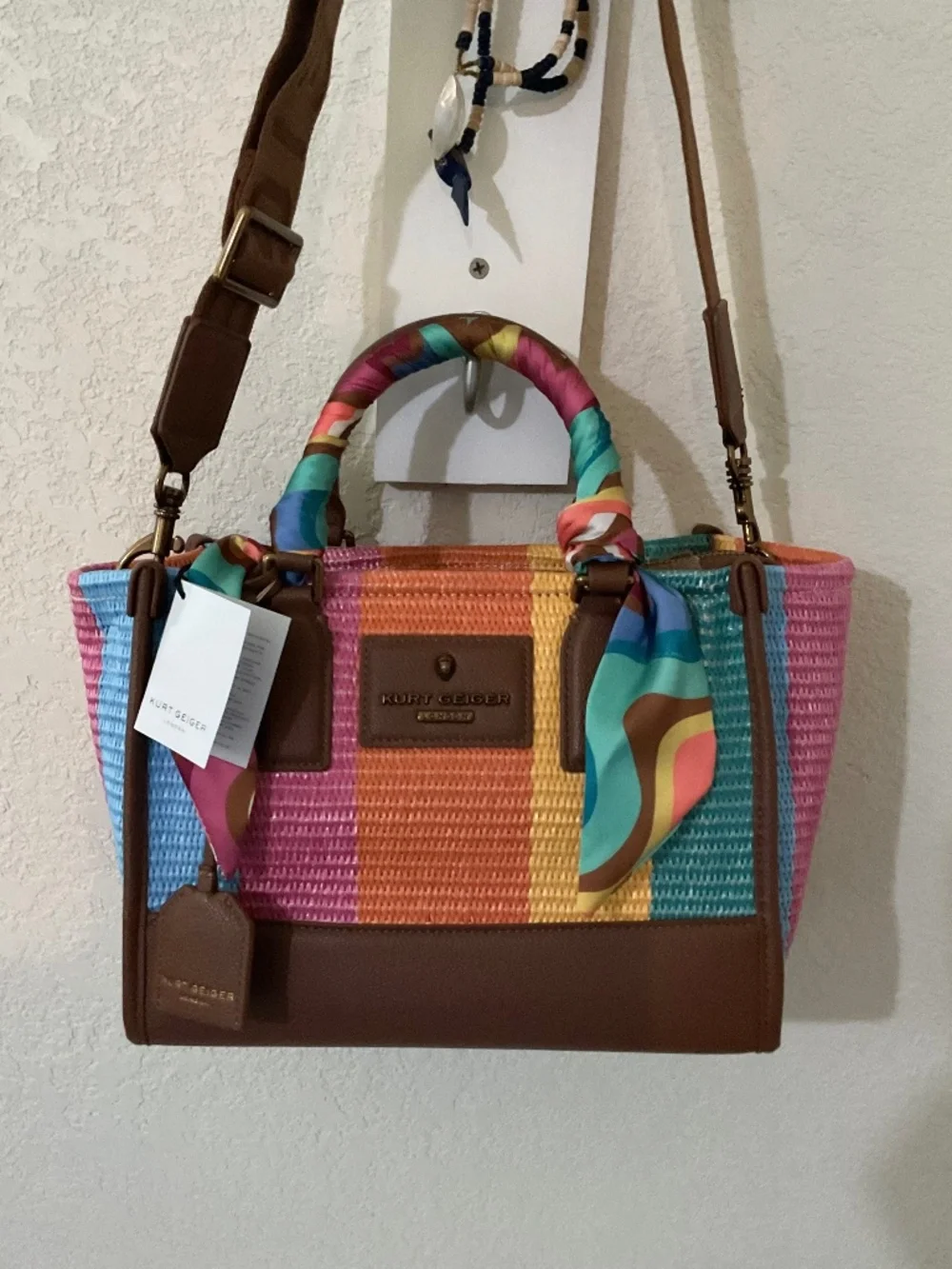 Kurt Geiger multicolored ,scarf satchel,adjustable logo crossbody strap bag